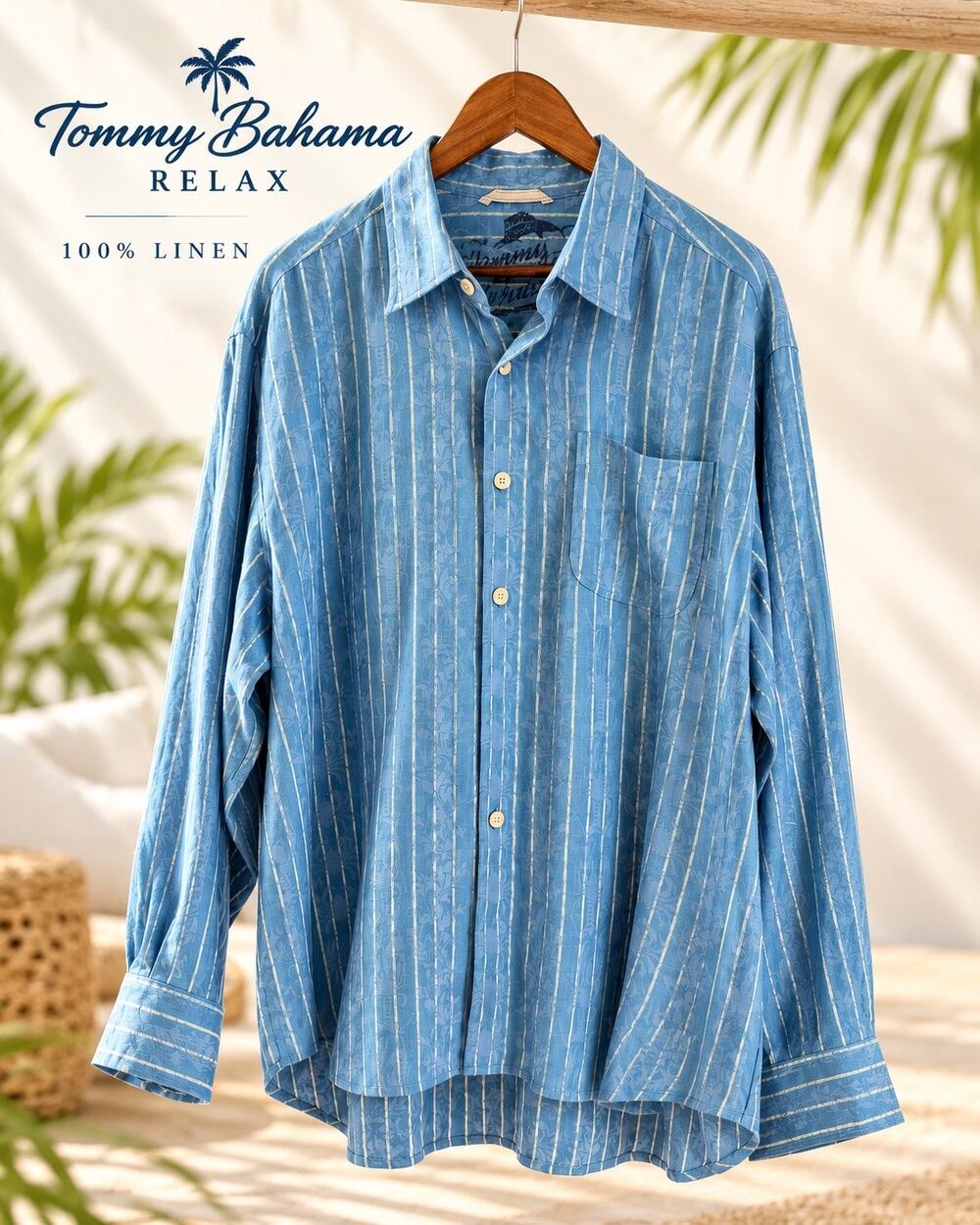 Tommy Bahama Relax 100% Linen Striped Long Sleeve Shirt Blue XL